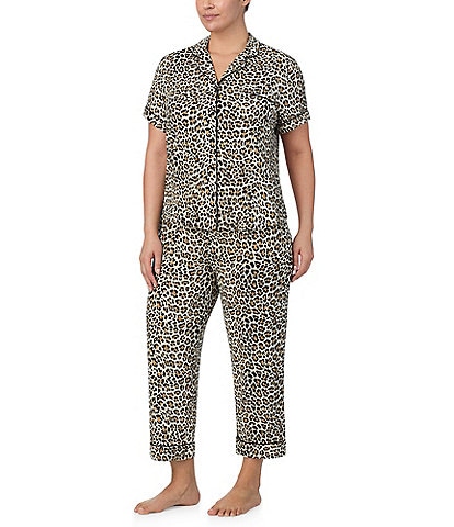 kate spade new york Plus Size Animal Print Short Sleeve Notch Collar Button-Front Knit Cropped Pajama Set
