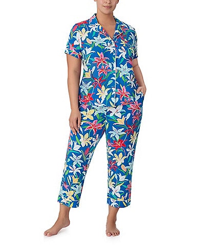kate spade new york Plus Size Floral Print Short Sleeve Notch Collar Knit Cropped Pajama Set