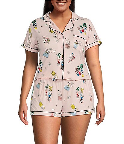kate spade new york Plus Size Flower Market Print Short Sleeve Notch Collar Knit Shorty Pajama Set