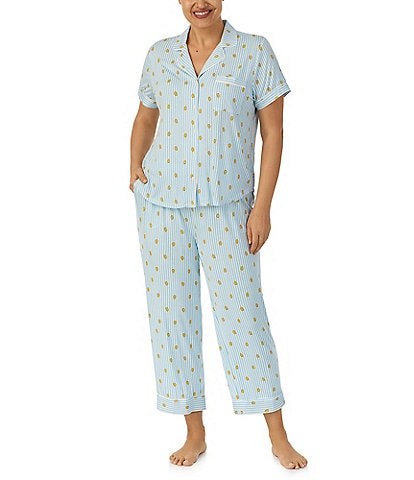kate spade new york Plus Size Lemon Striped Notch Collar Short Sleeve Knit Cropped Pajama Set