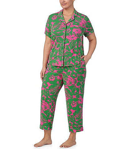 kate spade new york Plus Size Tropical Foliage Short Sleeve Notch Collar Button-Front Knit Cropped Pajama Set