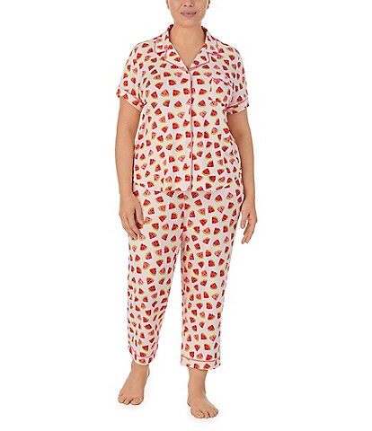 kate spade new york Plus Size Watermelon Slice Print Short Sleeve Notch Collar Cropped Jersey Knit Pajama Set