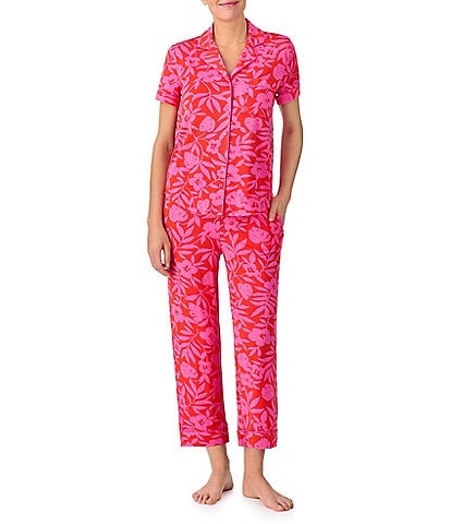 kate spade new york Printed Short Sleeve Notch Collar Knit Cropped Pajama Set