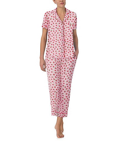 kate spade new york Raspberry Print Short Sleeve Notch Collar Jersey Knit Cropped Pajama Set