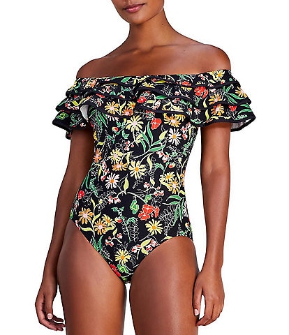 kate spade new york Rooftop Garden Floral Print Ruffle Off The Shoulder One Piece Swimsuit