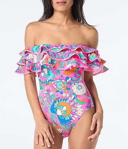 kate spade new york Sea Garden Floral Print Off-the-Shoulder Ruffle One Piece Swimsuit