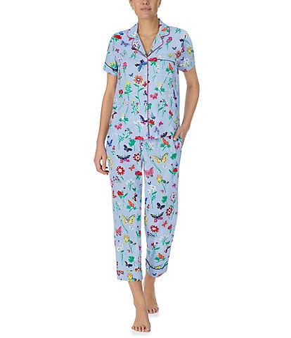 kate spade new york Short Sleeve Notch Collar Brushed Jersey Butterflies & Blooms Cropped Pajama Set