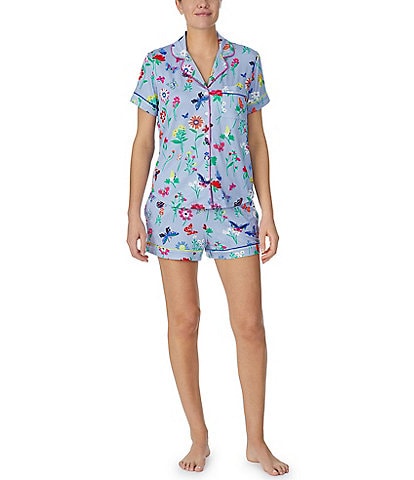 kate spade new york Short Sleeve Notch Collar Brushed Jersey Short Butterflies & Blooms Print Pajama Set
