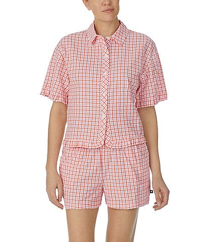 kate spade new york Short Sleeve Notch Collar Checkered Seersucker Pajama Set