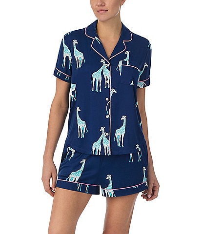 kate spade new york Short Sleeve Notch Collar Cozy Jersey Giraffe Print Pajama Set