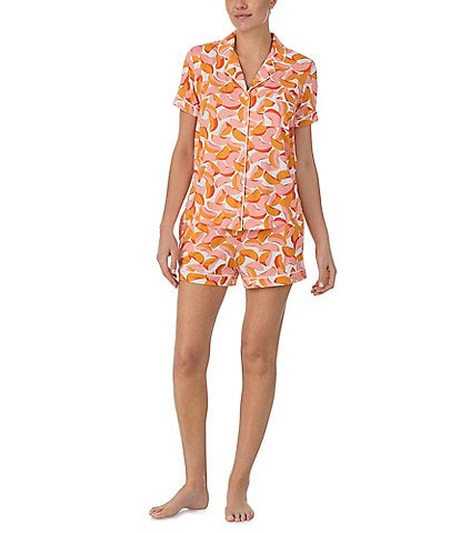 kate spade new york Short Sleeve Notch Collar Cozy Jersey Peach Print Shorty Pajama Set