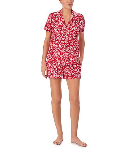kate spade new york Short Sleeve Notch Collar Cozy Jersey Raspberry Floral Print Pajama Set