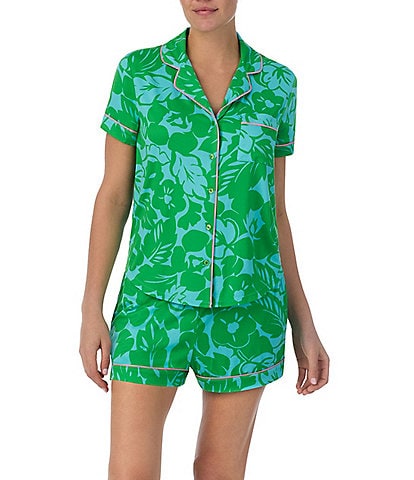 kate spade new york Short Sleeve Notch Collar Cozy Jersey Tropical Foliage Print Pajama Set