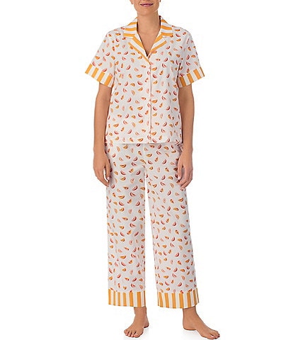 kate spade new york Short Sleeve Notch Collar Woven Peach Striped Pajama Set