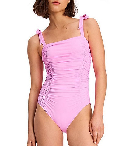 kate spade new york Side Shirred Over the Shoulder Bow Tie One Piece Swimsuit