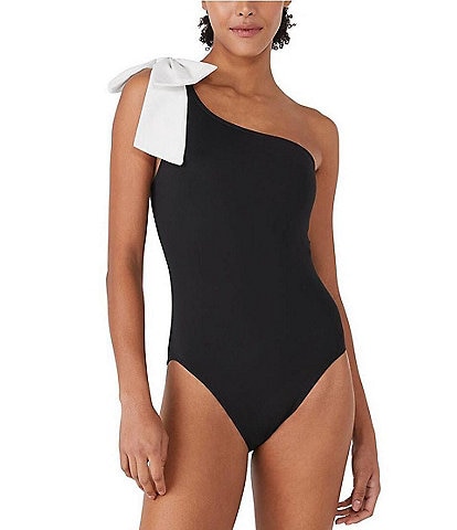 kate spade new york Solid Contrast Color One Shoulder Bow Tie One Piece Swimsuit