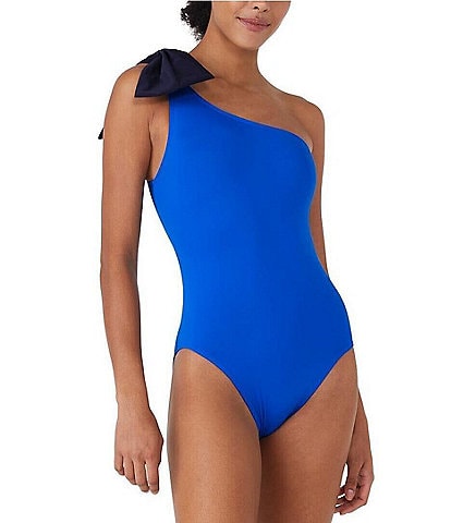 kate spade new york Solid Contrast Color One Shoulder Bow Tie One Piece Swimsuit
