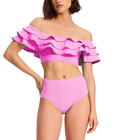 kate spade new york Solid Ruffle Off-The-Shoulder Neck Bandeau Crop Swim Top & Solid High Waist Bikini Swim Bottom