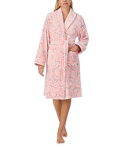 kate spade new york Spade Ribbon Print Long Sleeve Shawl Collar Chenille Plush Short Robe