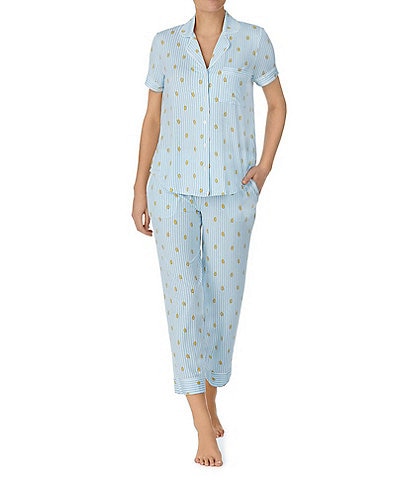kate spade new york Striped Notch Collar Short Sleeve Knit Cropped Pajama Set