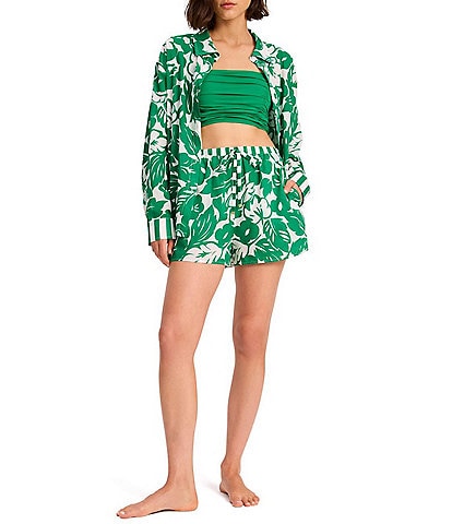 kate spade new york Tropical Point Collar Long Sleeve Button Front Shirt & Elastic Drawcord Waist Contrast Stripe Shorts