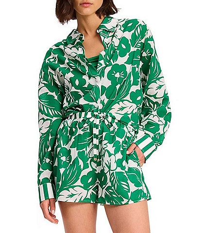 kate spade new york Tropical Point Collar Long Sleeve Button Front Shirt Swim Cover-Up