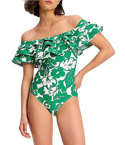 kate spade new york Tropical Print Off-the-Shoulder Triple Ruffle One Piece Swimsuit