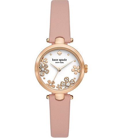 kate spade new york Women's Floral Crystals Holland Three Hand Pink Leather Strap Watch