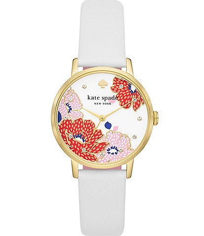 kate spade new york Women's Floral Metro Three Hand White Leather Strap Watch