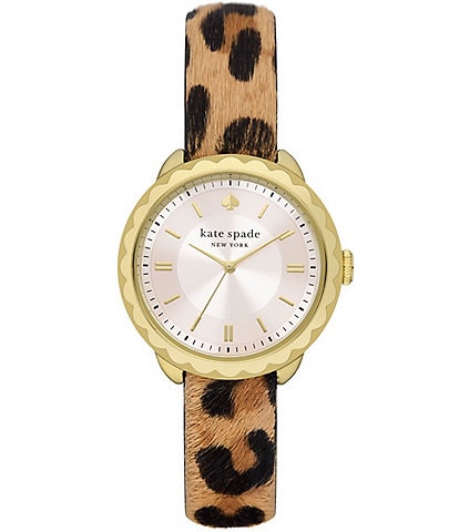 kate spade new york Women's Morningside Three-Hand Leopard Faux Calf Hair Leather Strap Watch