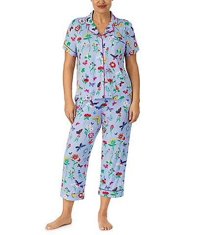 Kate Spade Plus Size Short Sleeve Notch Collar Brushed Jersey Butterflies & Blooms Cropped Pajama Set