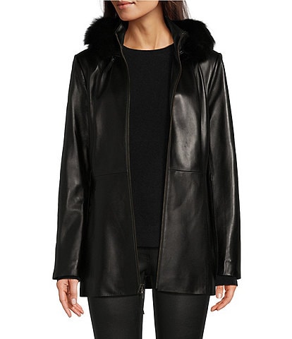 Katherine Kelly Genuine Lamb Leather Jacket with Removable Shearling Trim Hood