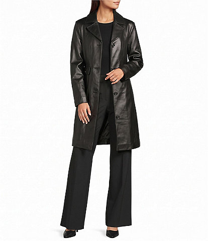 Katherine Kelly Genuine Lamb Leather Notch Collar Button Front Coat