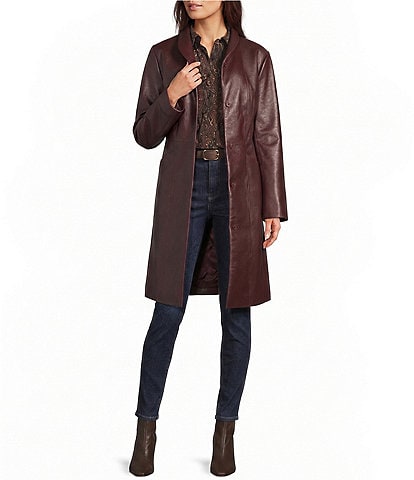 Katherine Kelly Genuine Lamb Leather Tulip Collar Snap Front Coat