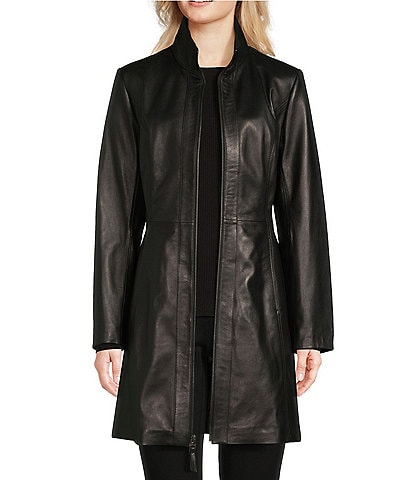 Katherine Kelly Genuine Lamb Leather Zip front Stand Collar Jacket