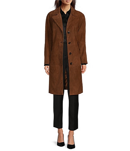 Katherine Kelly Genuine Leather Suede Classic Notch Collar Trench Coat