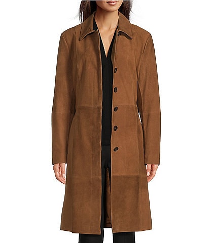 Katherine Kelly Genuine Leather Suede Classic Point Collar Trench Coat