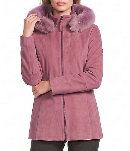 Katherine Kelly Removable Shearling Hood Genuine Leather Suede Coat