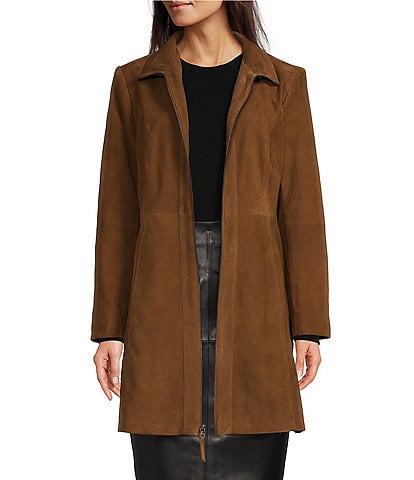 Katherine Kelly Genuine Leather Suede Zip Front Stand Collar Jacket