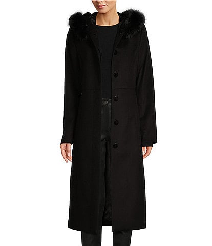 Katherine Kelly Pure Wool Maxi Coat with Faux Fur Trim Hood