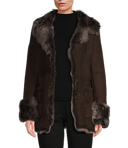 Katherine Kelly Shearling Modern Shawl Collar Hidden Snap Coat