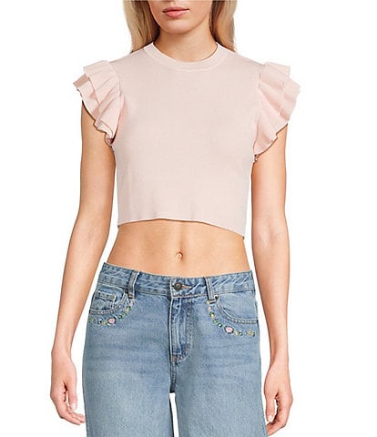 Katie J NYC Crew Neck Isla Ruffle Sleeve Top
