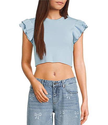 Katie J NYC Crew Neck Isla Ruffle Sleeve Top
