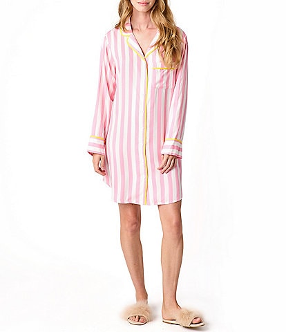 Katie Kime Retro Stripe Printed Cotton Woven Notch Collar Long Sleeve Button Front Sleep Shirt