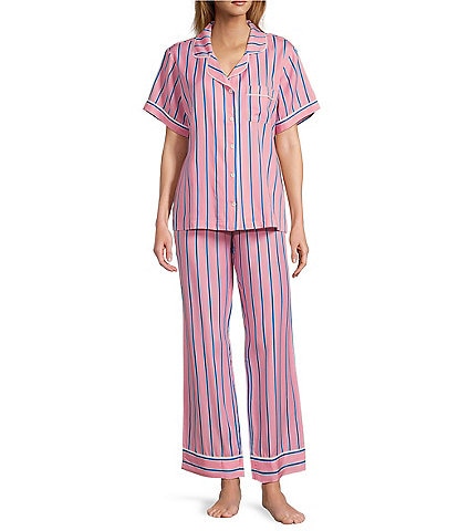 Katie Kime Short Sleeve Notch Collar Woven Retro Stripe Print Pajama Pant Set