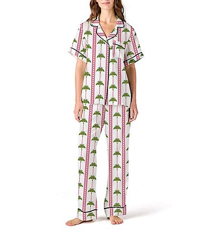 Katie Kime Woven Tropic Palm Print Short Sleeve Notch Collar Long Pant Pajama Set