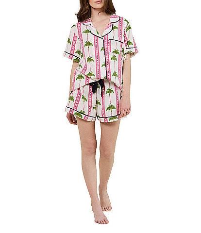 Katie Kime Woven Tropic Palm Print Short Sleeve Notch Collar Shorty Pajama Set