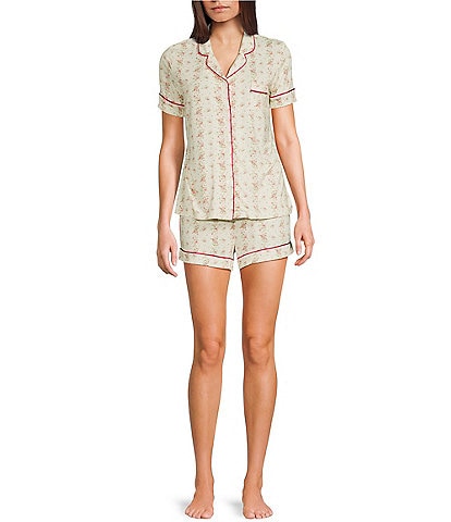 KatieJNYC Short Sleeve Button Front Ditsy Floral Print Lynn Lounge Short Set