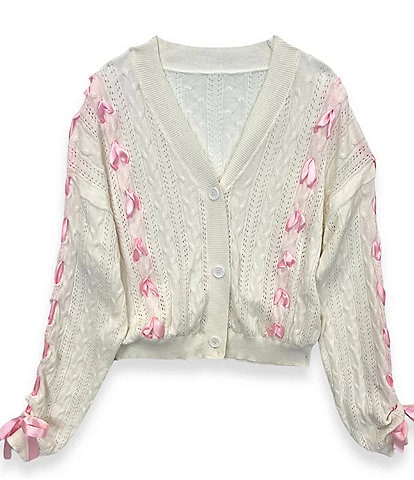 KatieJNYC Big Girls Libby Bow Accented Long Sleeve Cardigan