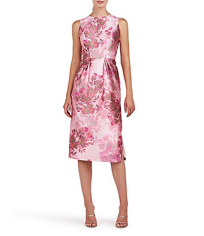 Kay Unger Adriana Mikado Floral Print Jewel Neck Sleeveless Pleated Dress
